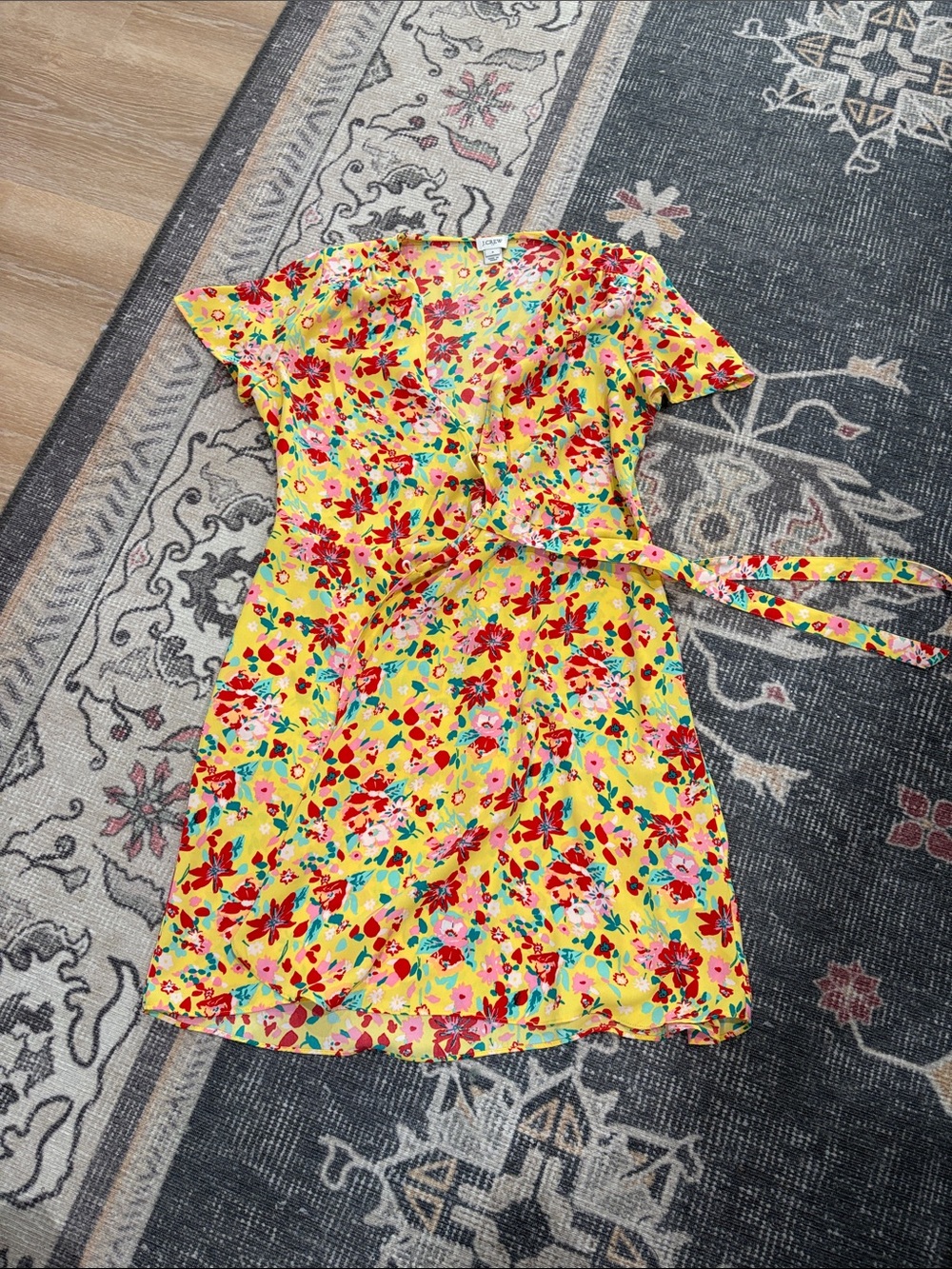 J. Crew Yellow Floral Wrap Dress with Red & Pink Blossoms